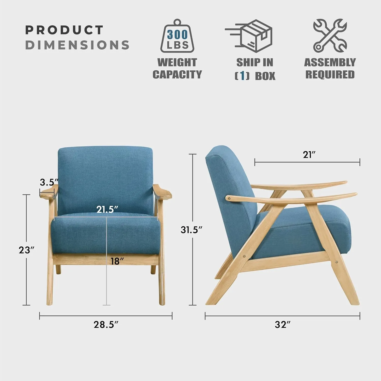 Lexicon Mid Century Modern Accent Chair with Solid Wood Frame in Natural Finish, Textured Fabric Living Room Lounge Arm Chair, Thick and Comfy Innerspring Seat Cushion, Linen-Look Fabric, Blue