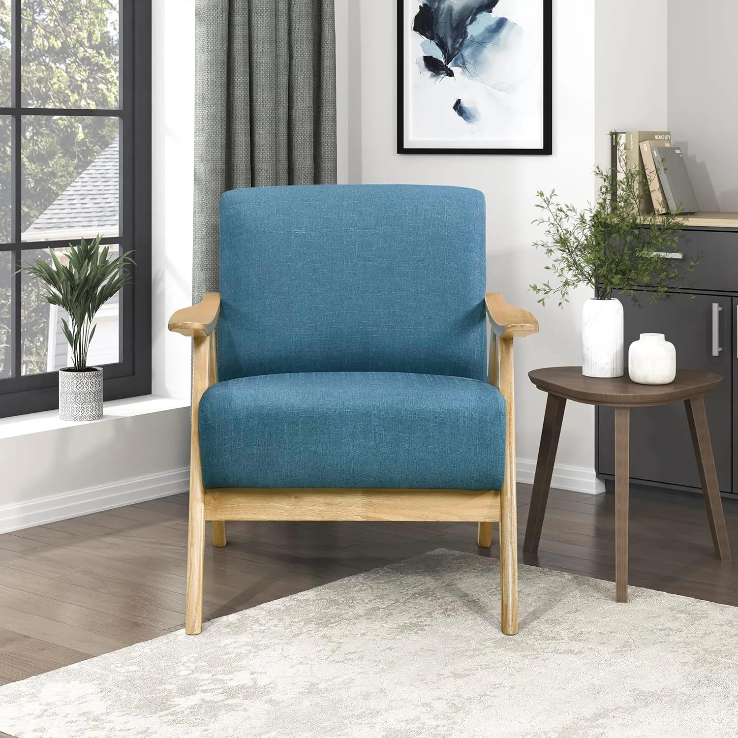 Lexicon Mid Century Modern Accent Chair with Solid Wood Frame in Natural Finish, Textured Fabric Living Room Lounge Arm Chair, Thick and Comfy Innerspring Seat Cushion, Linen-Look Fabric, Blue
