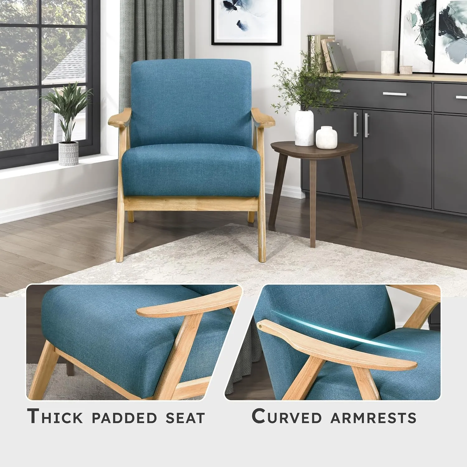 Lexicon Mid Century Modern Accent Chair with Solid Wood Frame in Natural Finish, Textured Fabric Living Room Lounge Arm Chair, Thick and Comfy Innerspring Seat Cushion, Linen-Look Fabric, Blue