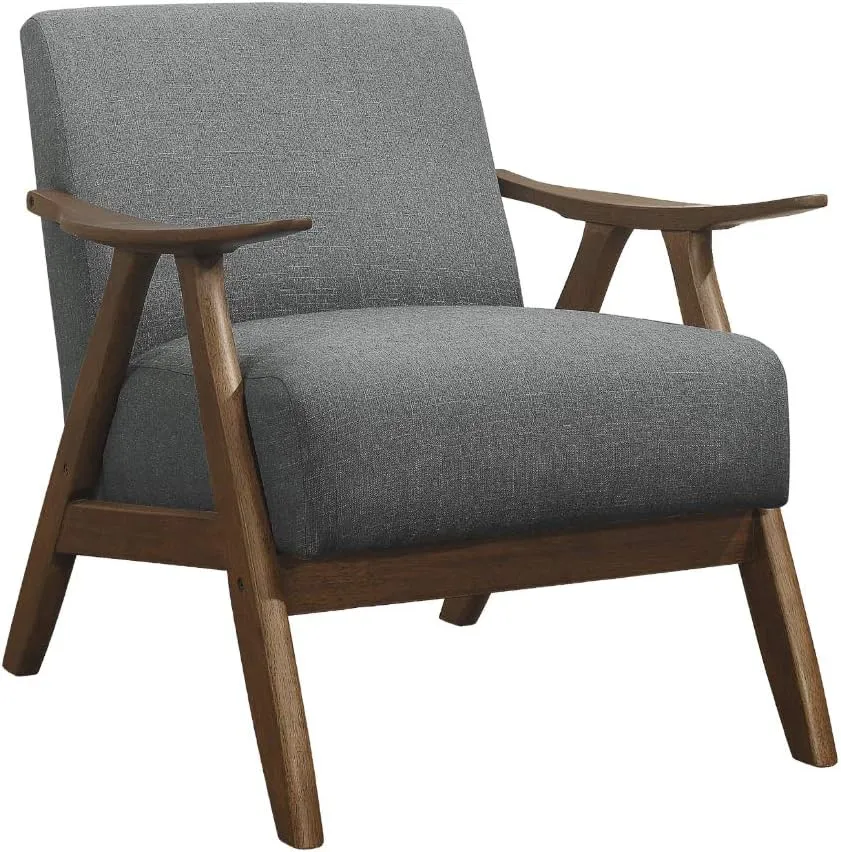 Lexicon Mid Century Modern Accent Chair with Solid Wood Frame in Walnut Finish, Upholstered Living Room Lounge Arm Chair, Thick and Comfy Innerspring Seat Cushion, Linen-Look Fabric, Gray