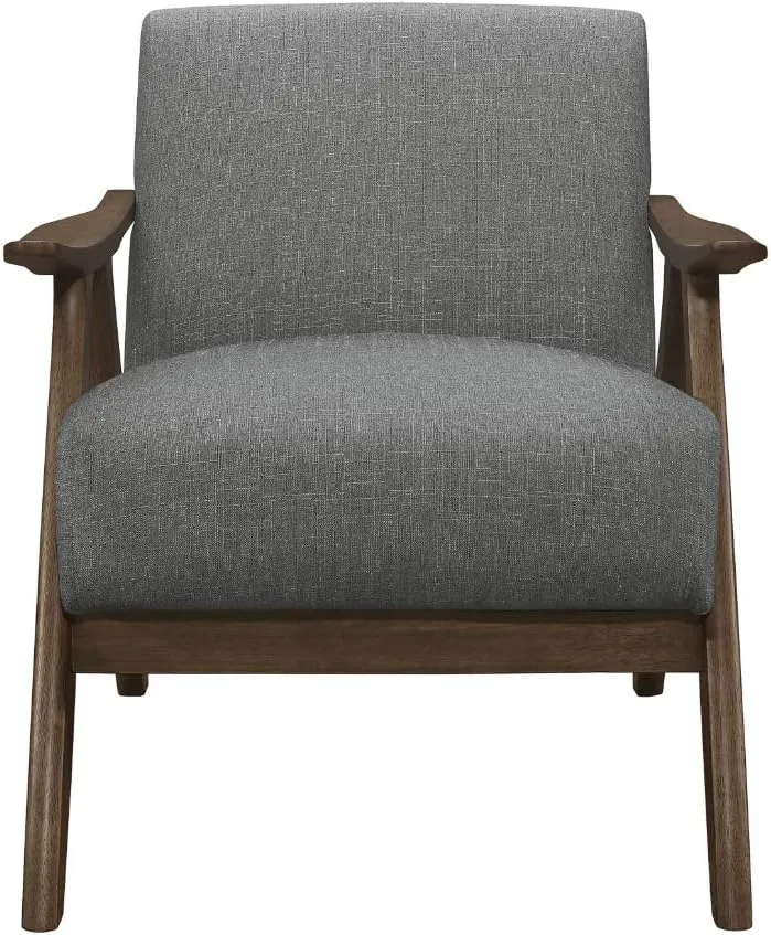 Lexicon Mid Century Modern Accent Chair with Solid Wood Frame in Walnut Finish, Upholstered Living Room Lounge Arm Chair, Thick and Comfy Innerspring Seat Cushion, Linen-Look Fabric, Gray