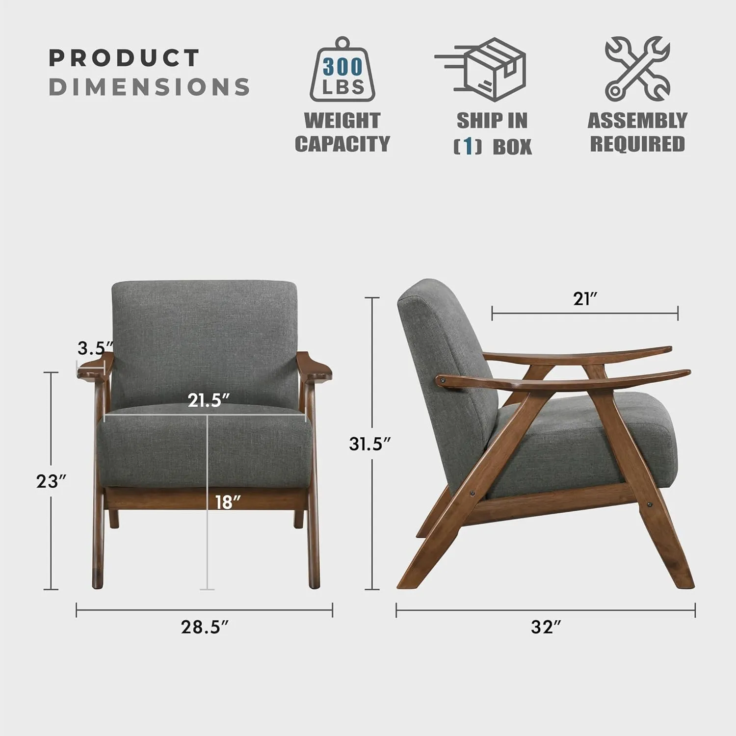 Lexicon Mid Century Modern Accent Chair with Solid Wood Frame in Walnut Finish, Upholstered Living Room Lounge Arm Chair, Thick and Comfy Innerspring Seat Cushion, Linen-Look Fabric, Gray