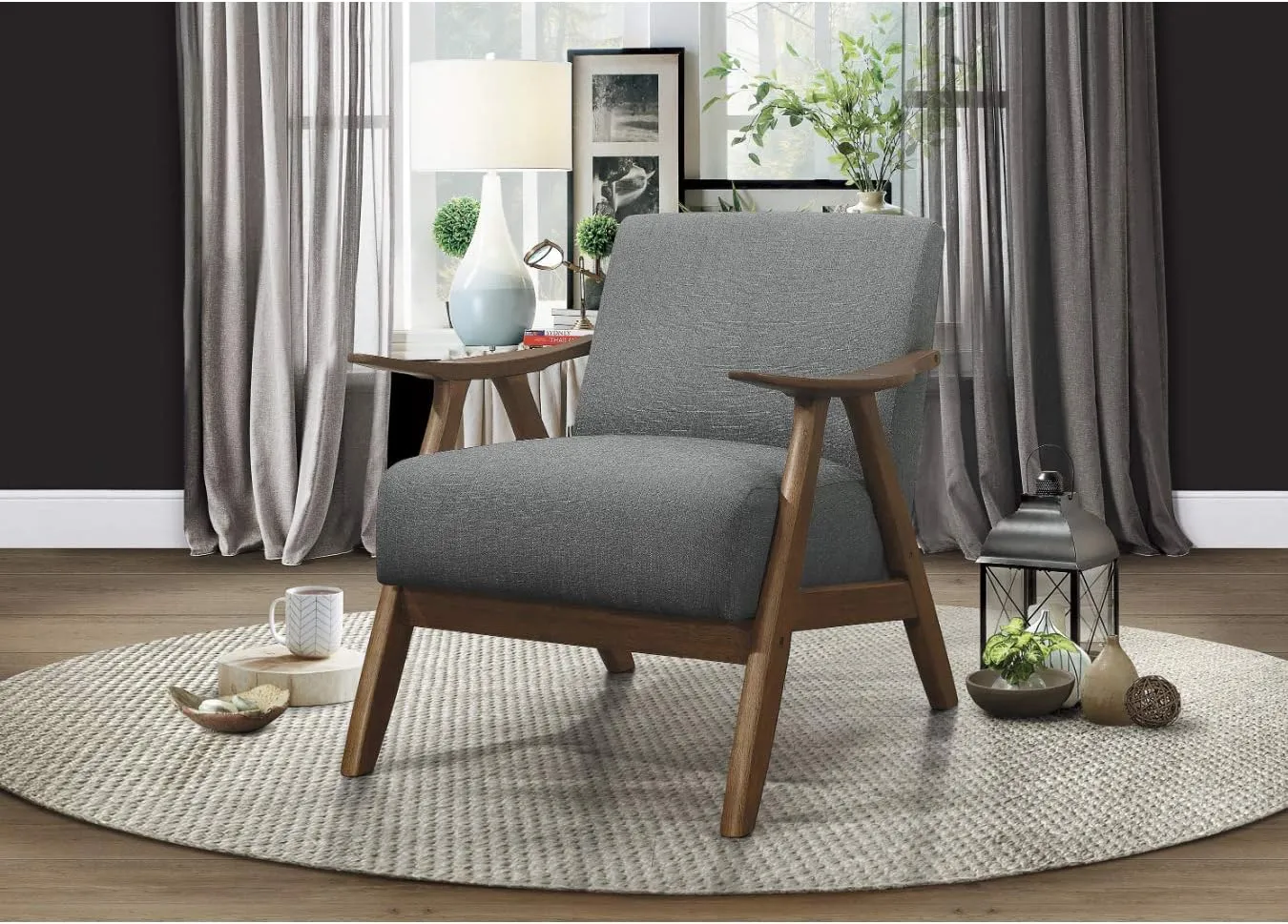 Lexicon Mid Century Modern Accent Chair with Solid Wood Frame in Walnut Finish, Upholstered Living Room Lounge Arm Chair, Thick and Comfy Innerspring Seat Cushion, Linen-Look Fabric, Gray