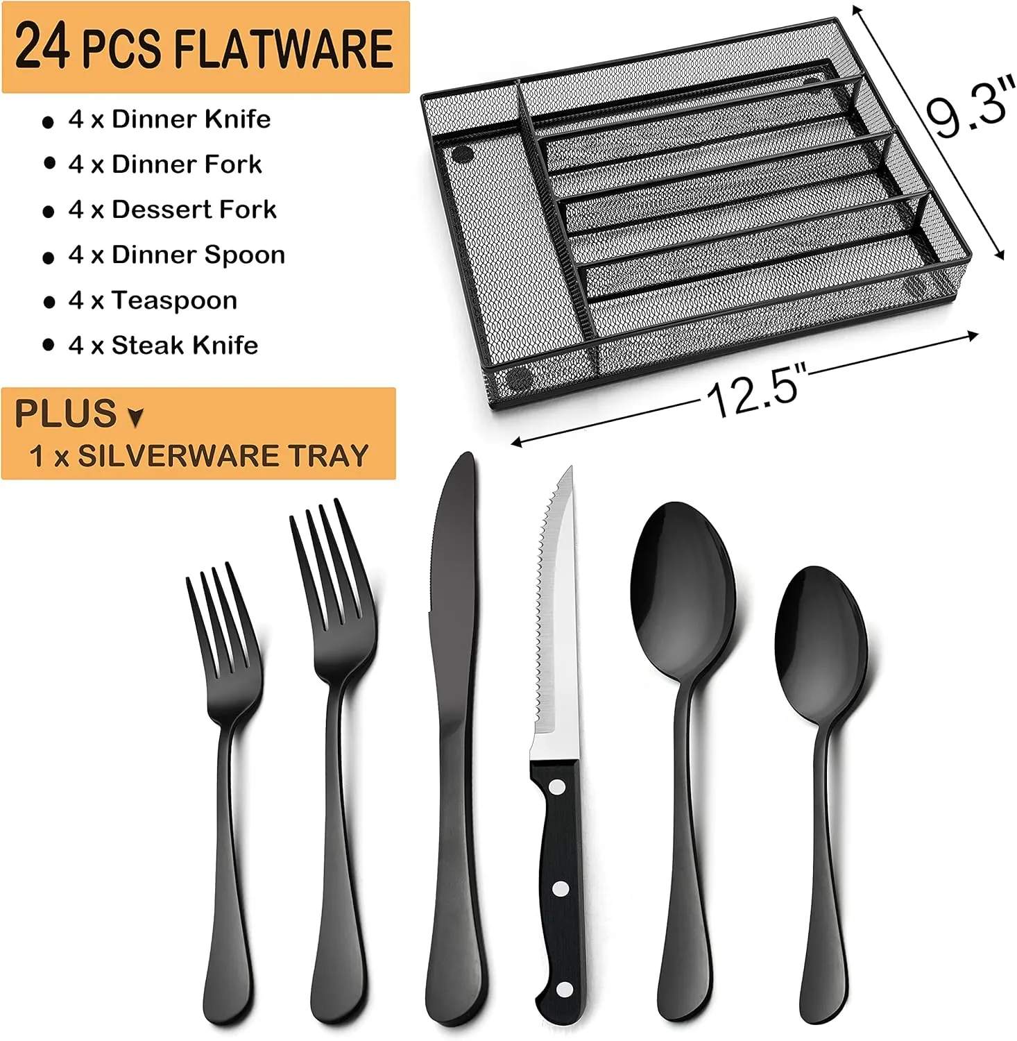 LIANYU 24-Piece Black Silverware Set with Steak Knives and Organizer, Stainless Steel Flatware Cutlery Set for 4, Tableware Eating Utensils for Wedding Home Party, Dishwasher Safe, Mirror Polished