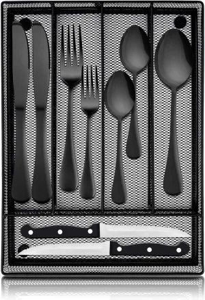 LIANYU 24-Piece Black Silverware Set with Steak Knives and Organizer, Stainless Steel Flatware Cutlery Set for 4, Tableware Eating Utensils for Wedding Home Party, Dishwasher Safe, Mirror Polished