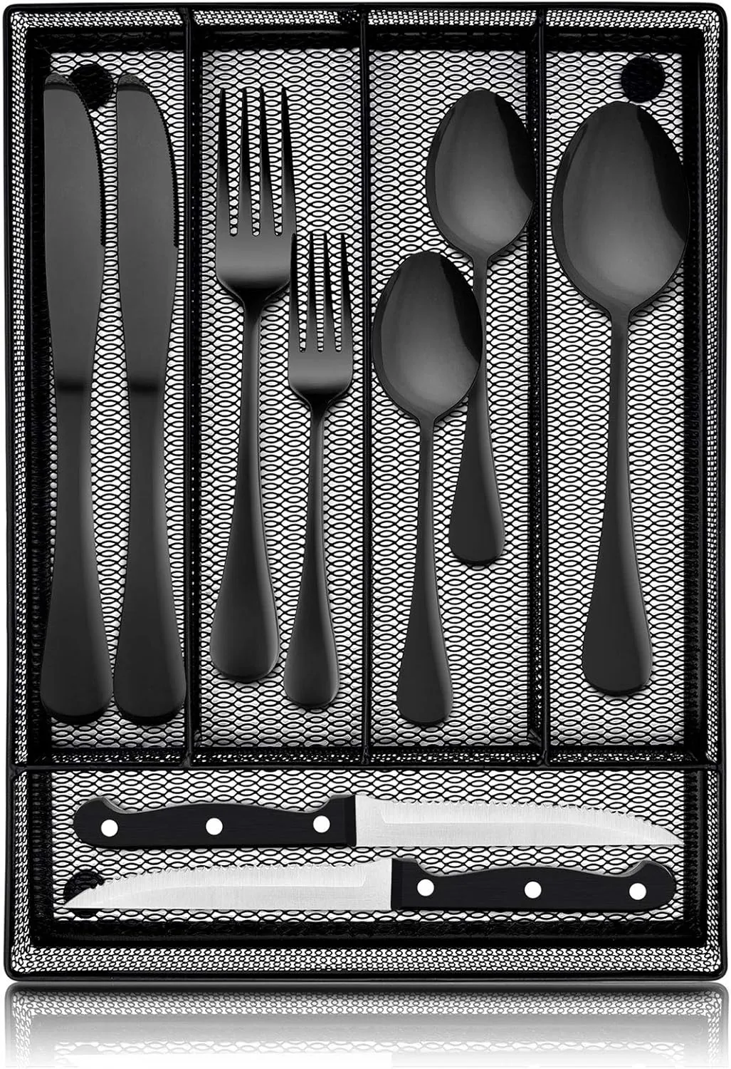 LIANYU 24-Piece Black Silverware Set with Steak Knives and Organizer, Stainless Steel Flatware Cutlery Set for 4, Tableware Eating Utensils for Wedding Home Party, Dishwasher Safe, Mirror Polished