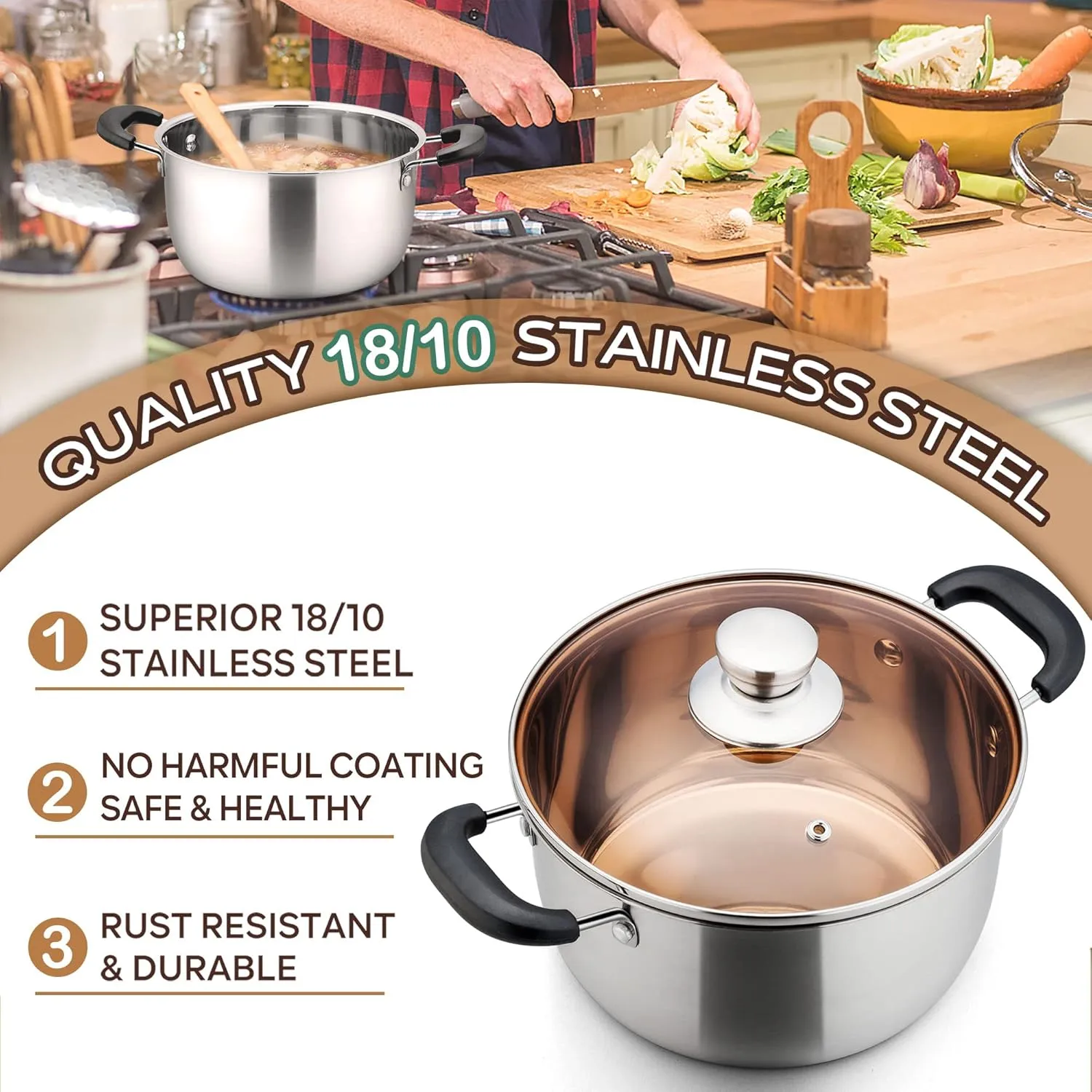 LIANYU 6QT Stock Pot with Lid, Stainless Steel Soup Pasta Pot for Home Kitchen Restaurant, Stockpot for Strew Simmer Boiling, Heat-proof Handle, Dishwasher Safe