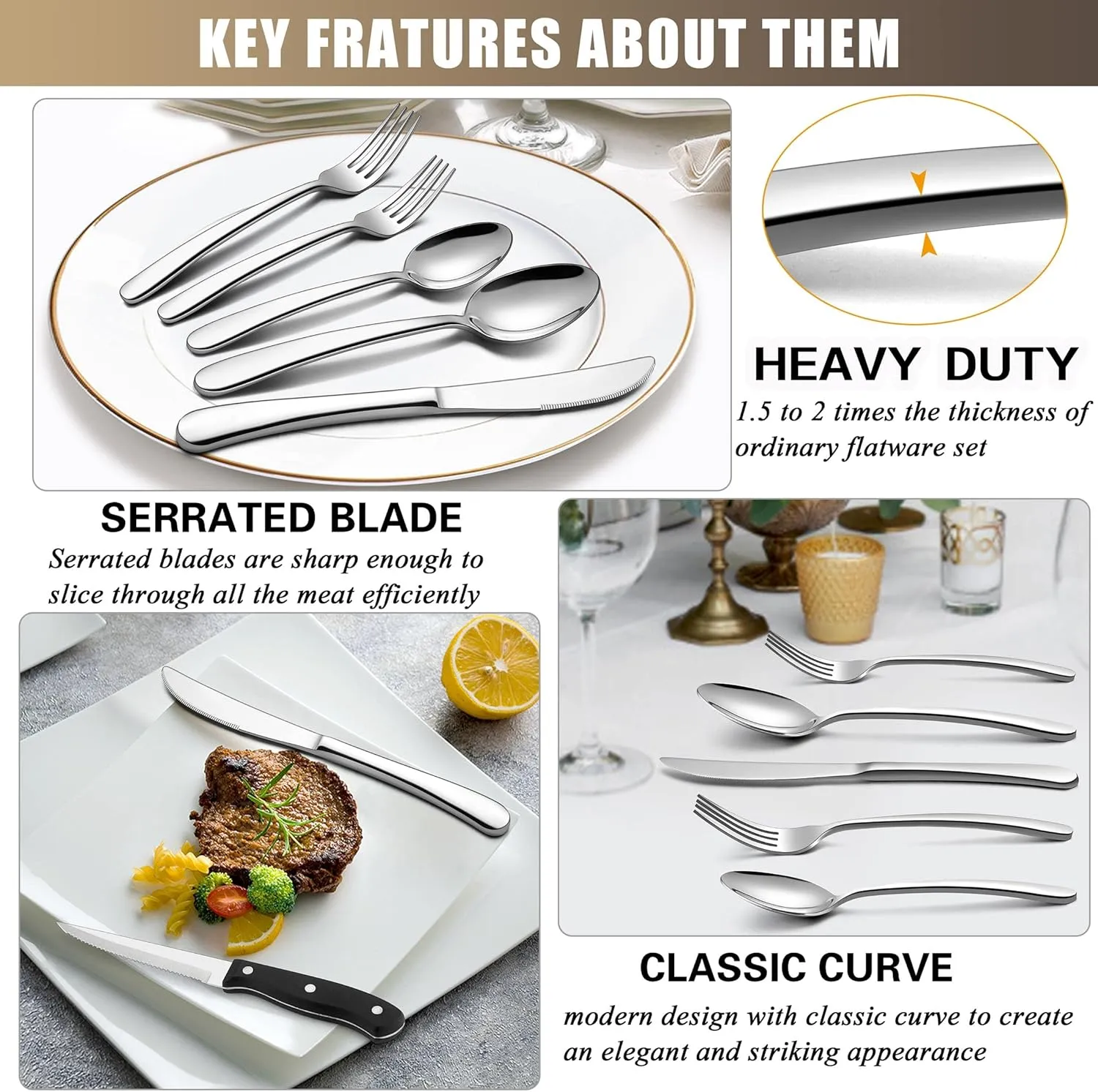 LIANYU 77-Piece Heavy Duty Silverware Set for 12, Plus Serving Utensils and Steak Knives, Stainless Steel Cutlery Flatware Set, Heavy Weight Eating Utensils for Home Wedding, Dishwasher Safe
