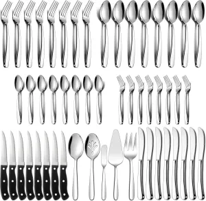 LIANYU 77-Piece Heavy Duty Silverware Set for 12, Plus Serving Utensils and Steak Knives, Stainless Steel Cutlery Flatware Set, Heavy Weight Eating Utensils for Home Wedding, Dishwasher Safe