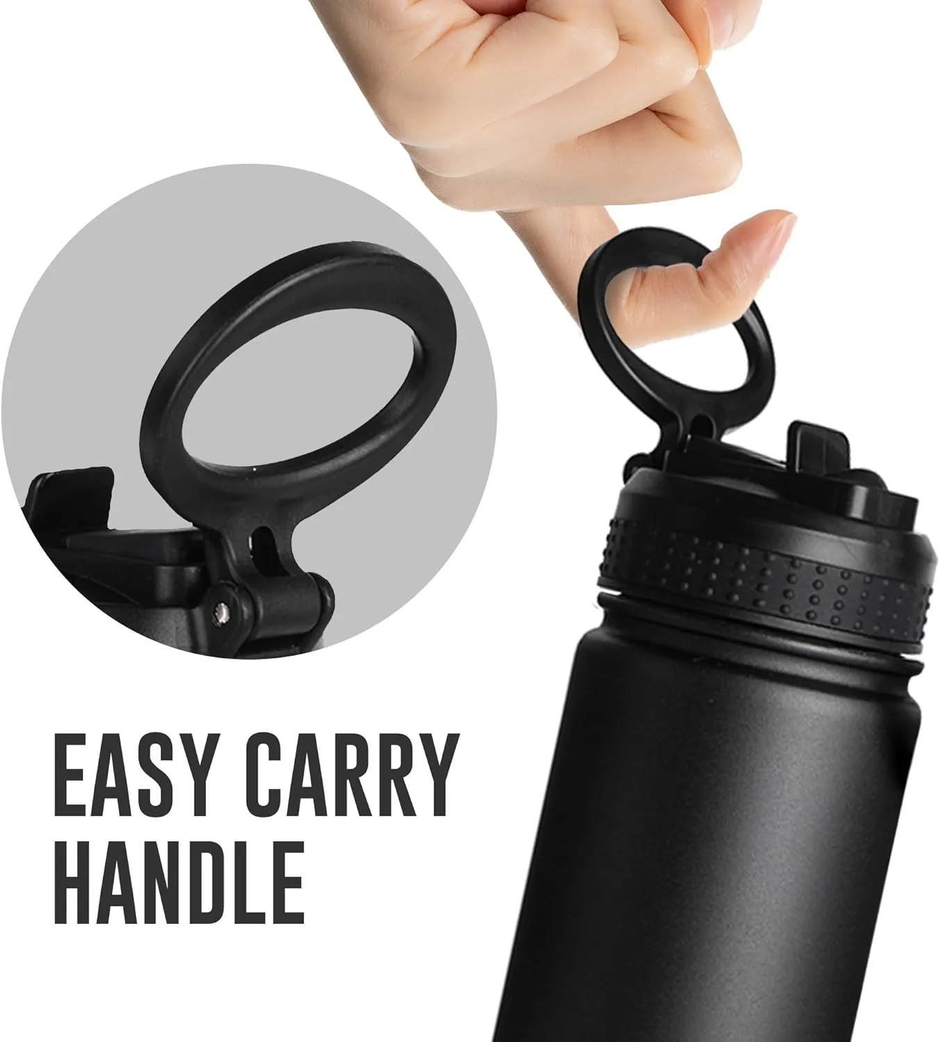 Life's Easy Stainless Steel Insulated Water Bottle - Sports Water Bottle w/Loop Handle Bionic Silicone Straw Lid - Vacuum Flask for Hot and Cold Drinks Great for School, Travel & More (Black, 18 oz)