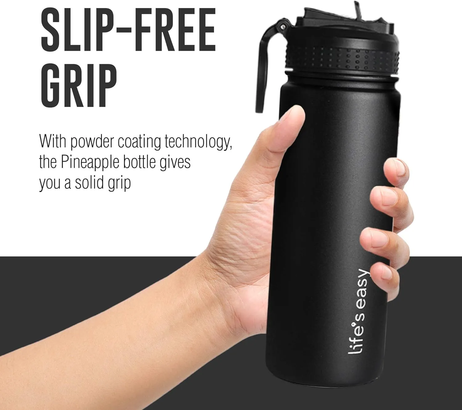 Life's Easy Stainless Steel Insulated Water Bottle - Sports Water Bottle w/Loop Handle Bionic Silicone Straw Lid - Vacuum Flask for Hot and Cold Drinks Great for School, Travel & More (Black, 18 oz)