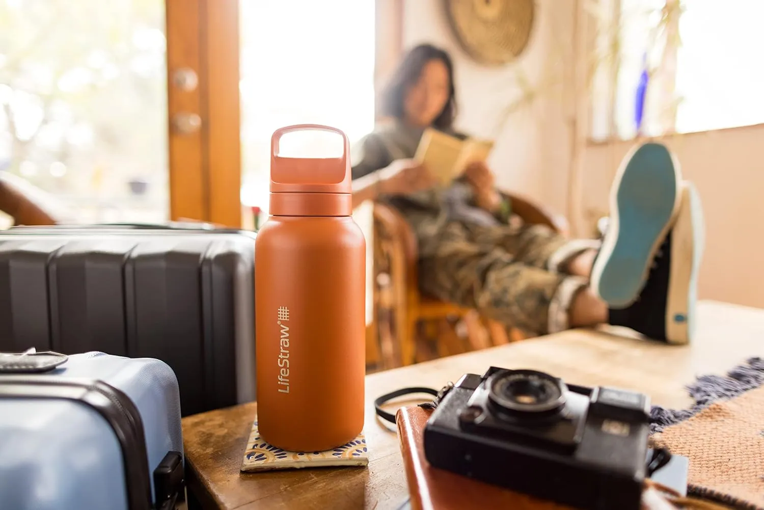 LifeStraw Go Series — Insulated Stainless Steel Water Filter Bottle for Travel and Everyday Use Removes Bacteria, Parasites and Microplastics, Improves Taste, 1L Icelandic Blue
