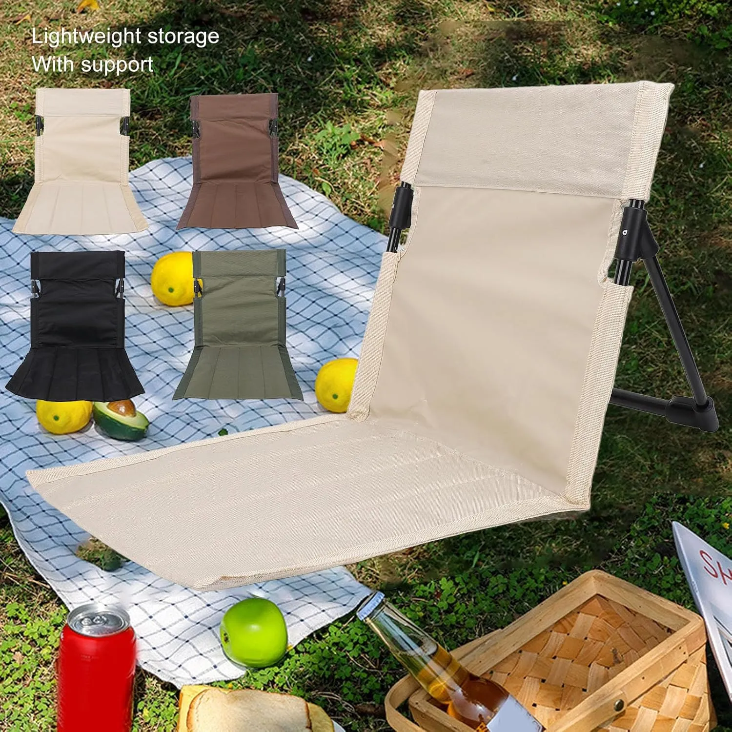 Lightweight, Comfortable Camping Folding Chair with Backrest for Outdoor, Fishing, Lounging on The Beach, Ideal Portable Lazy Floor Chair with Back Support (Black)