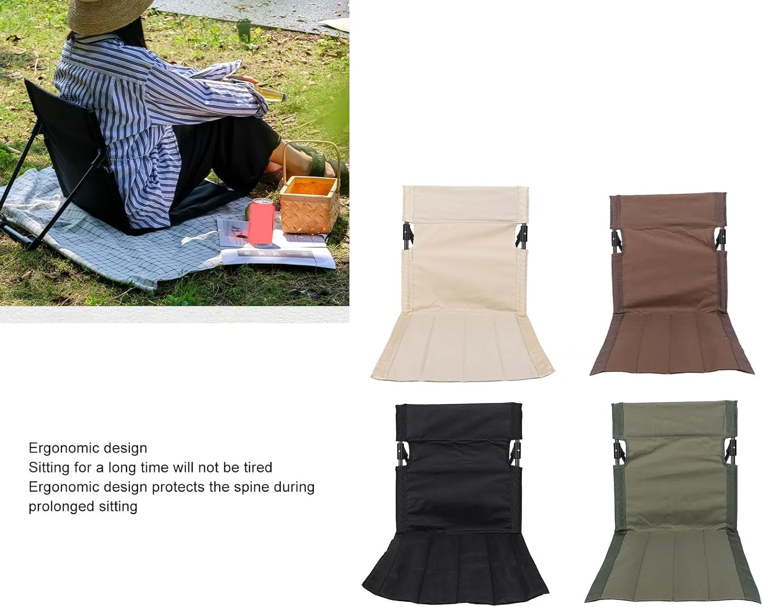 Lightweight, Comfortable Camping Folding Chair with Backrest for Outdoor, Fishing, Lounging on The Beach, Ideal Portable Lazy Floor Chair with Back Support (Black)
