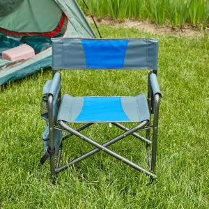 Lightweight Oversized Folding Outdoor Chair with Storage Pockets, Comfortable Padded Design for Camping, Picnics, and Fishing, Blue/Grey