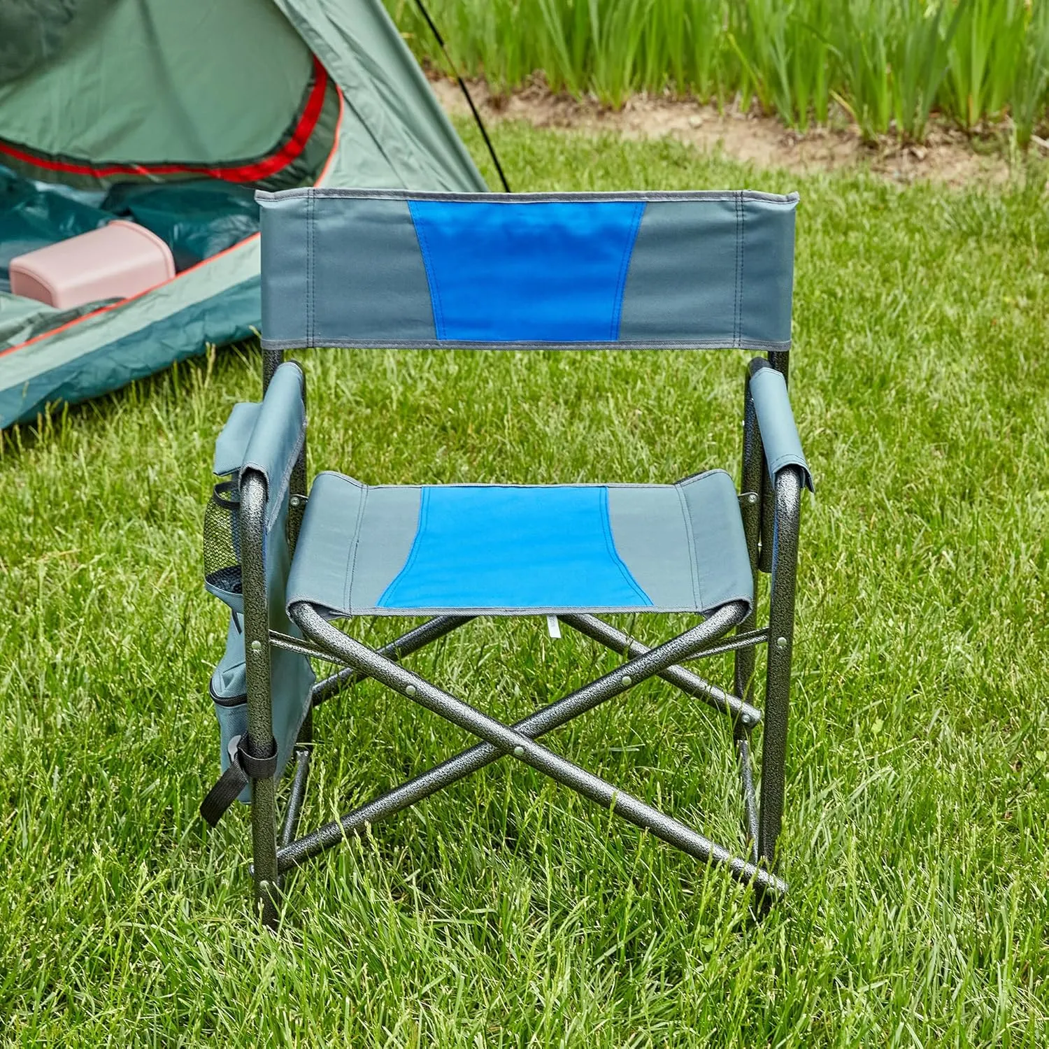 Lightweight Oversized Folding Outdoor Chair with Storage Pockets, Comfortable Padded Design for Camping, Picnics, and Fishing, Blue/Grey