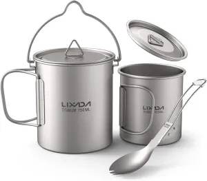 Lightweight Titanium 3 Pieces Set Titanium 750ml Pot 450ml Water Cup Mug with Lid Collapsible Handle Folding Spork for Outdoor Camping Hiking Backpacking