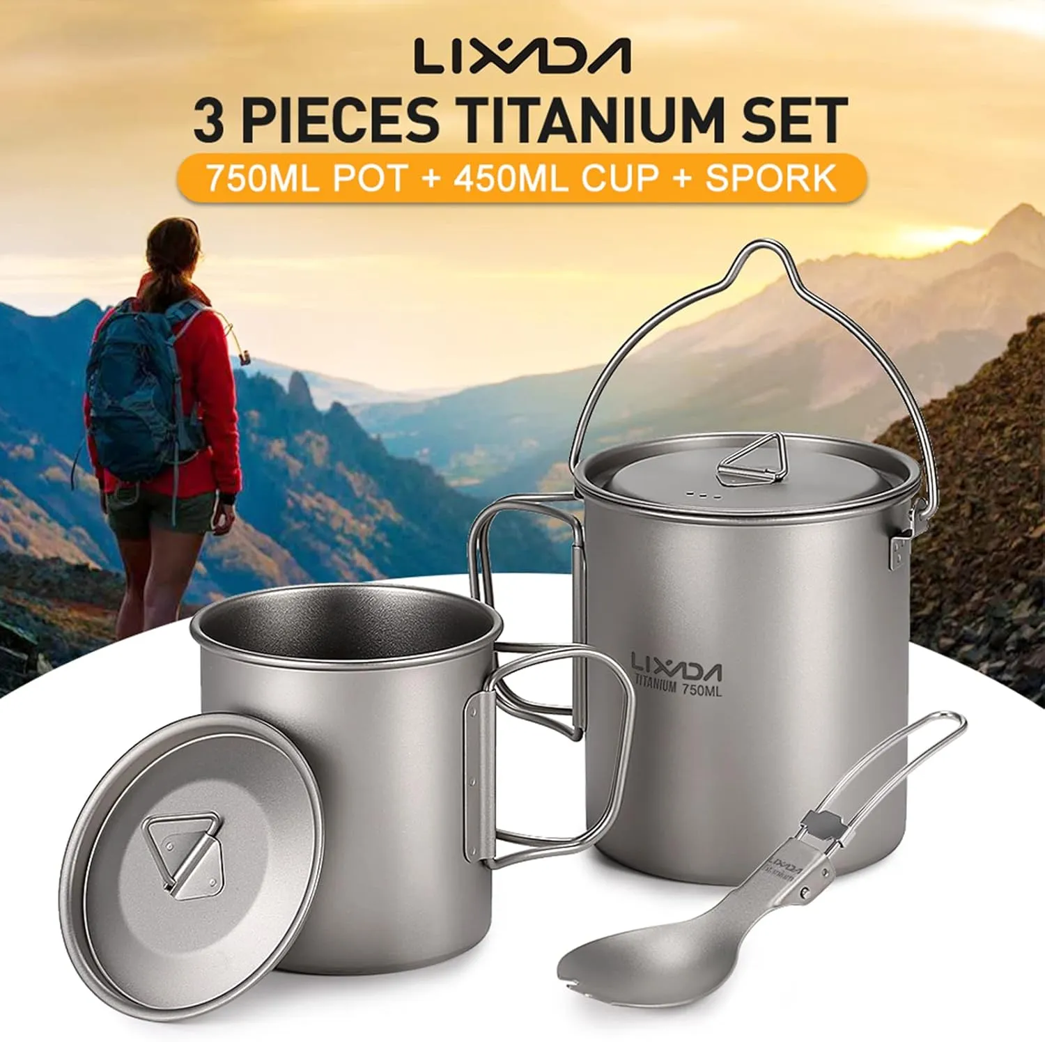 Lightweight Titanium 3 Pieces Set Titanium 750ml Pot 450ml Water Cup Mug with Lid Collapsible Handle Folding Spork for Outdoor Camping Hiking Backpacking