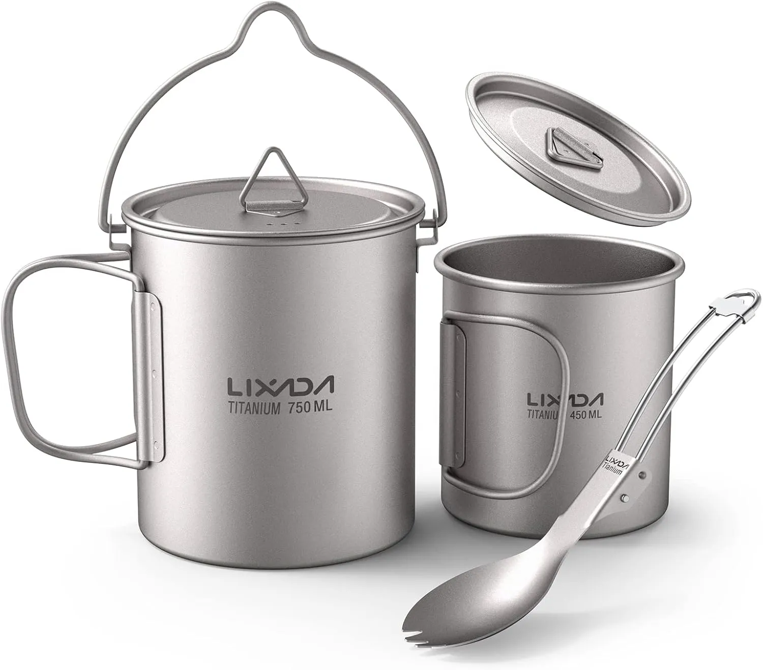 Lightweight Titanium 3 Pieces Set Titanium 750ml Pot 450ml Water Cup Mug with Lid Collapsible Handle Folding Spork for Outdoor Camping Hiking Backpacking