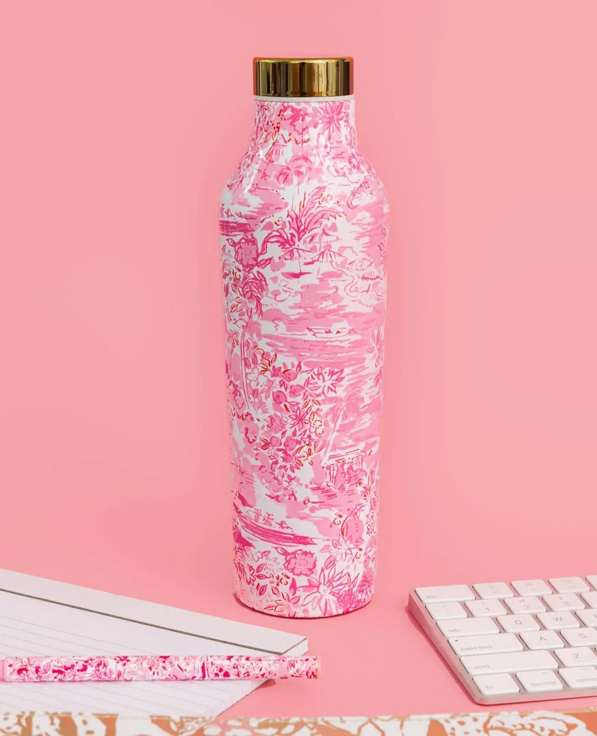 Lilly Pulitzer Stainless Steel Water Bottle, 18 Oz Metal Water Bottle, Pink Double Wall Insulated Tumbler with Lid, Seaside Scene
