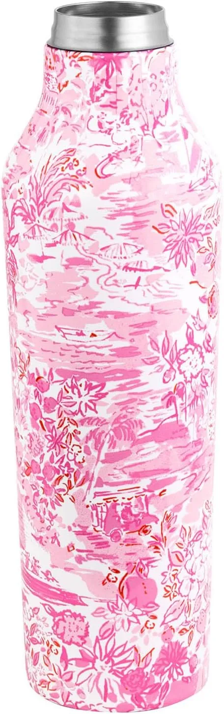 Lilly Pulitzer Stainless Steel Water Bottle, 18 Oz Metal Water Bottle, Pink Double Wall Insulated Tumbler with Lid, Seaside Scene