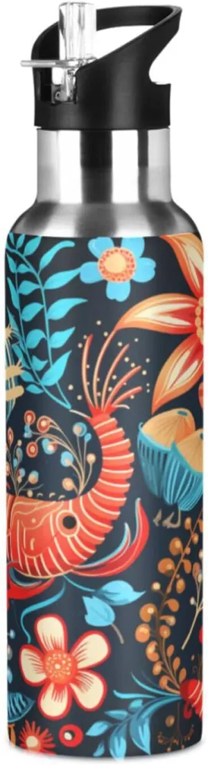 Lobster Abstract Flower Art Sport Water Bottle Insulated Stainless Steel Large Vacuum Flask Leak Proof Thermos with Straw for Travel(600ml/1000ml)