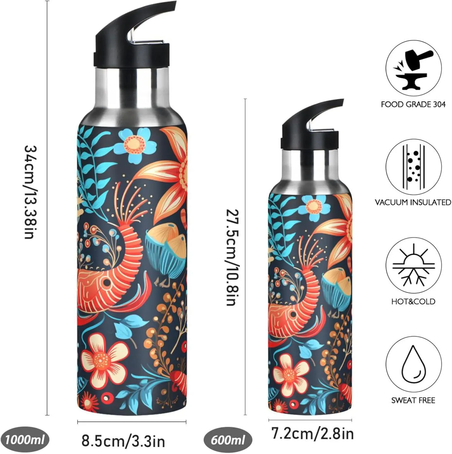Lobster Abstract Flower Art Sport Water Bottle Insulated Stainless Steel Large Vacuum Flask Leak Proof Thermos with Straw for Travel(600ml/1000ml)