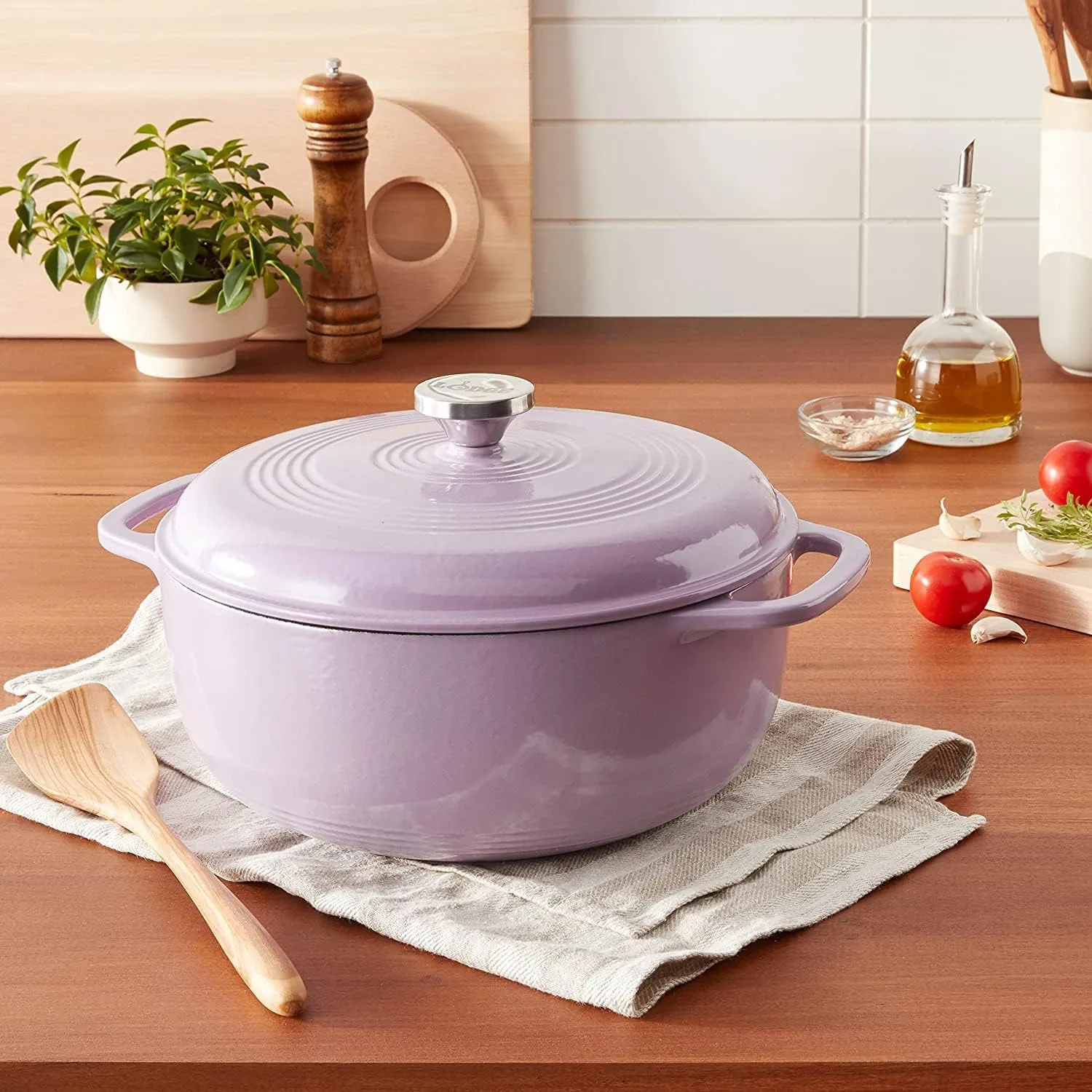Lodge 3 Quart Enameled Cast Iron Dutch Oven with Lid – Dual Handles – Oven Safe up to 500° F or on Stovetop - Use to Marinate, Cook, Bake, Refrigerate and Serve – Lilac
