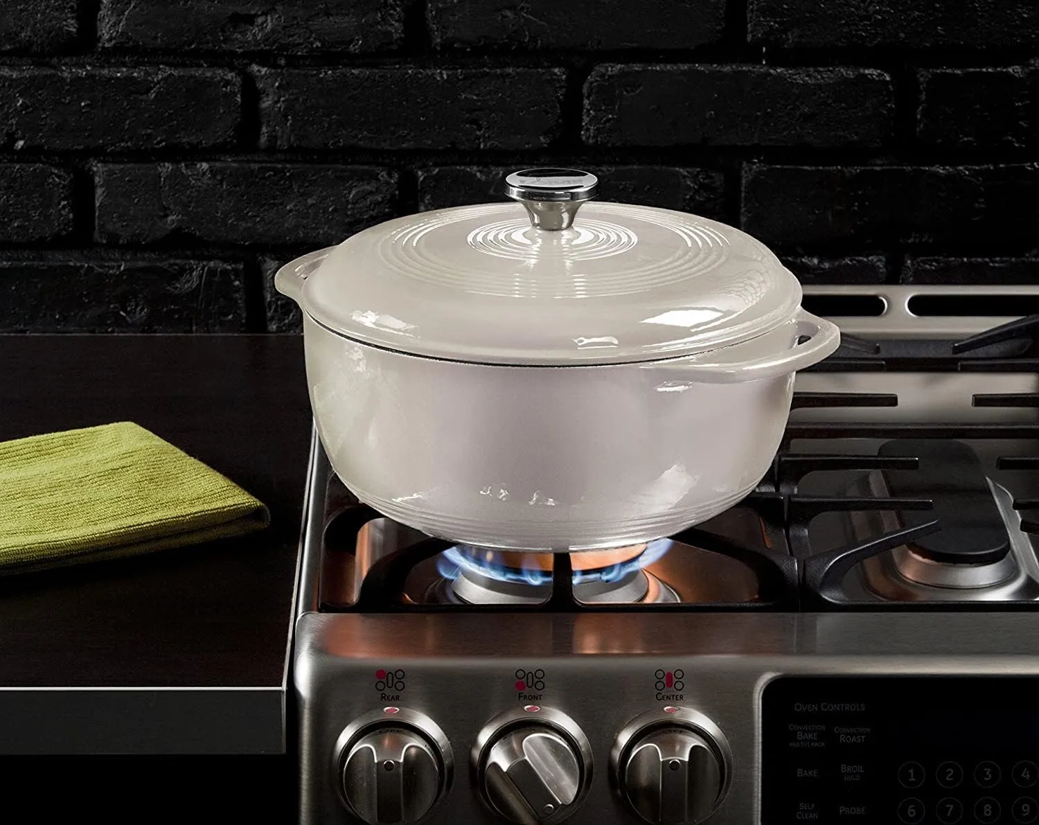 Lodge 3 Quart Enameled Cast Iron Dutch Oven with Lid – Dual Handles – Oven Safe up to 500° F or on Stovetop - Use to Marinate, Cook, Bake, Refrigerate and Serve – Oyster White