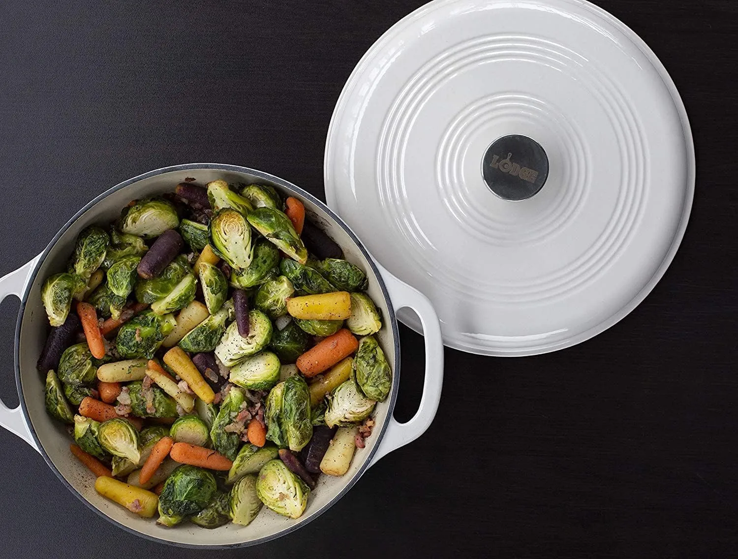 Lodge 3 Quart Enameled Cast Iron Dutch Oven with Lid – Dual Handles – Oven Safe up to 500° F or on Stovetop - Use to Marinate, Cook, Bake, Refrigerate and Serve – Oyster White