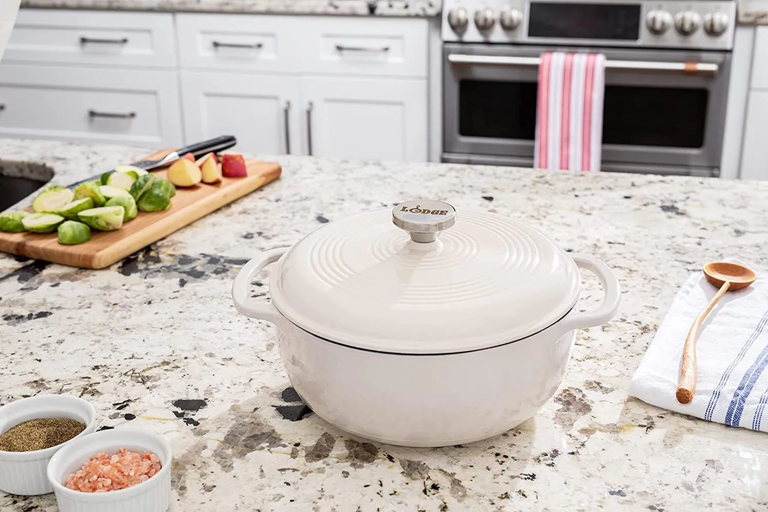 Lodge 3 Quart Enameled Cast Iron Dutch Oven with Lid – Dual Handles – Oven Safe up to 500° F or on Stovetop - Use to Marinate, Cook, Bake, Refrigerate and Serve – Oyster White