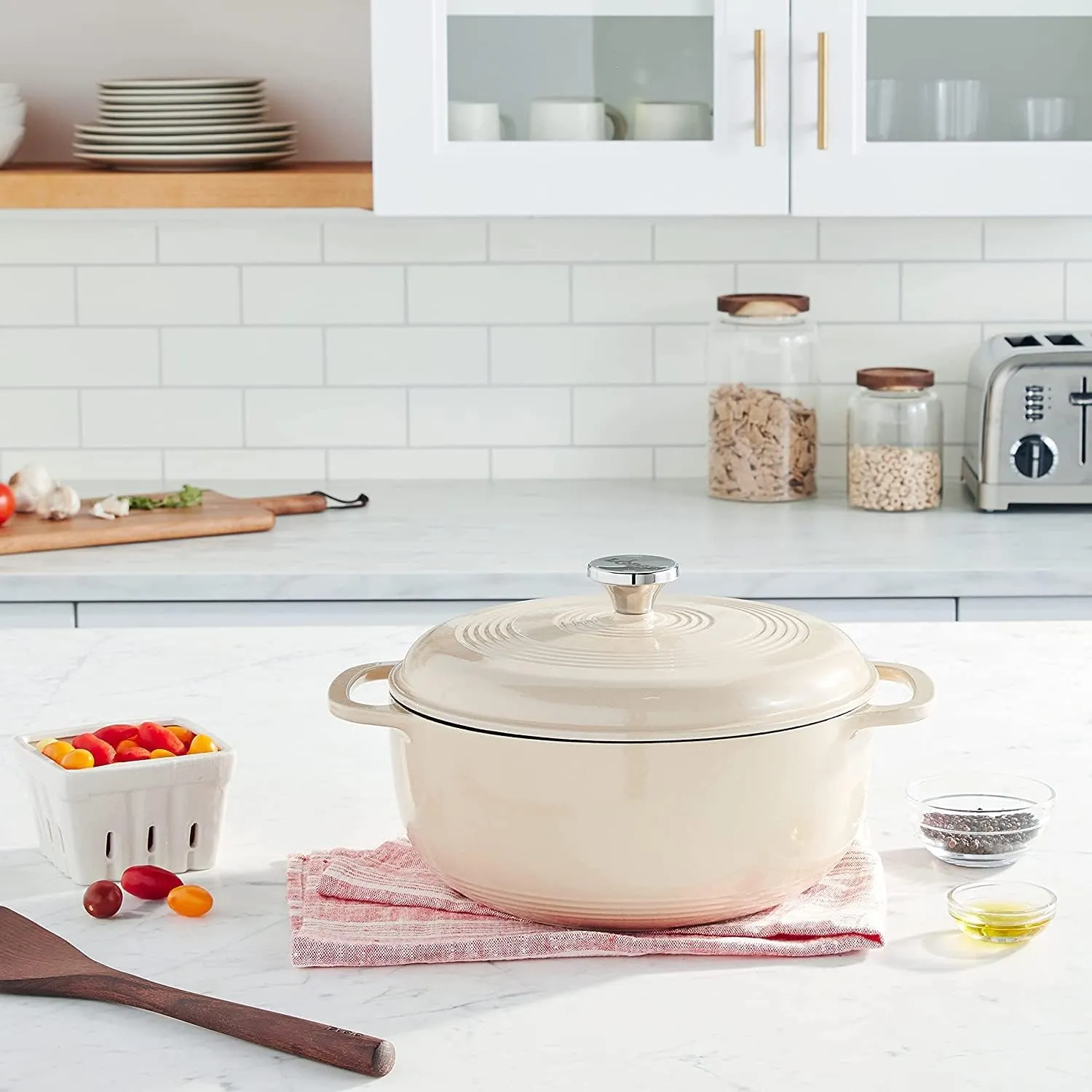 Lodge 3 Quart Enameled Cast Iron Dutch Oven with Lid – Dual Handles – Oven Safe up to 500° F or on Stovetop - Use to Marinate, Cook, Bake, Refrigerate and Serve – Sandalwood