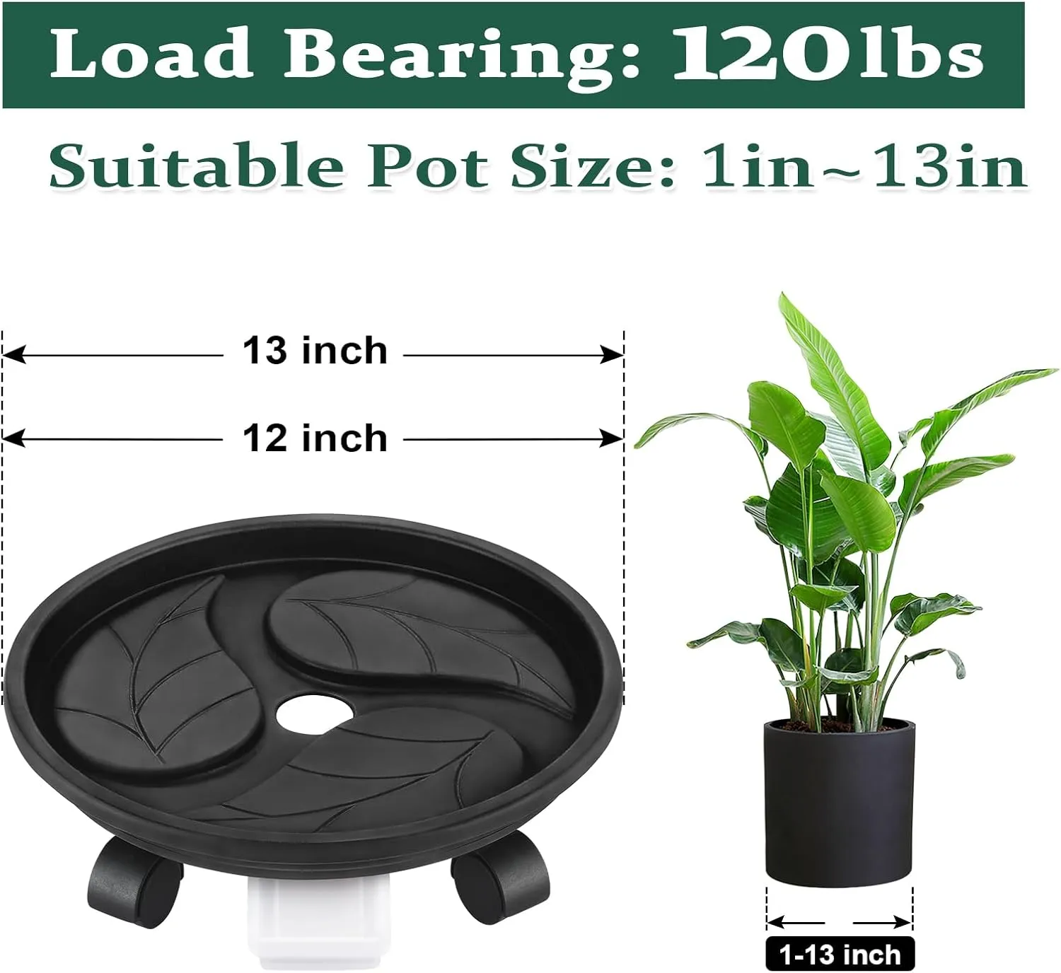 Looca Plant Caddy with Wheels and Drainage Tray, 13”Rolling Plant Stand Flower Pot Mover, Planter Caddies Round Plant Dolly for Heavy Duty Planter, 3 Pack, Bearing 120 lbs (Black)