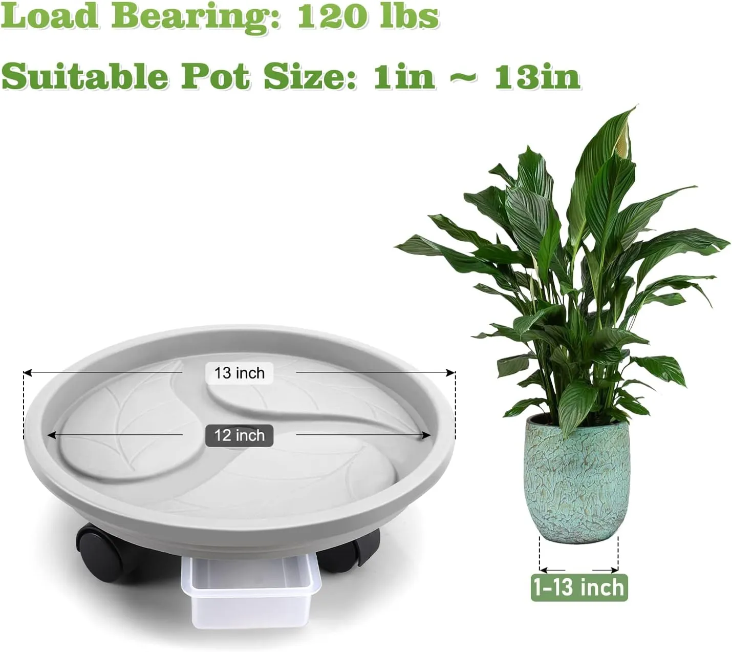 Looca Plant Caddy with Wheels and Drainage Tray, 13”Rolling Plant Stand Flower Pot Mover, Planter Caddies Round Plant Dolly for Heavy Duty Planter, 3 Pack, Bearing 120 lbs (Grey)