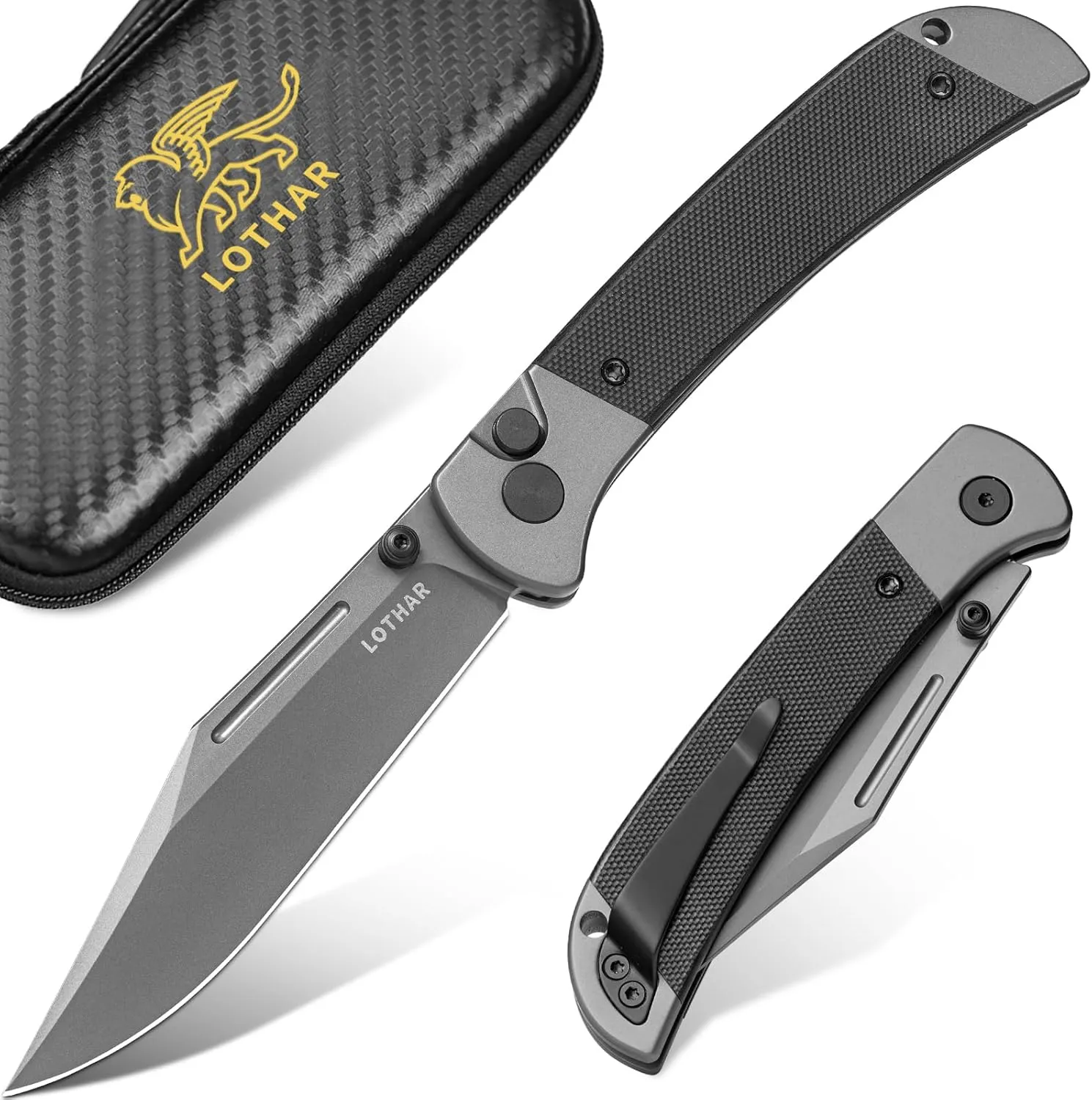 LOTHAR Falcon EDC Pocket Foding Knife, 3.43" 14C28N Blade, Button Lock, Pocket Clip, G10 Handle, Compact & Sturdy Hunting Knife for Camping Hunting, Gift for Men Women(Gray)