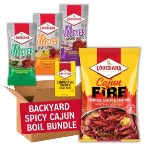 Louisiana Fish Fry Products Backyard Spicy Cajun Seafood Boil Bundle - 4.06 lb Cajun Fire Boil Seasoning, Herbal Overload, Smashed Garlic and Zesty Citrus Boil Boosters, 3 oz Boil Seed Bag - All In One Gift Pack