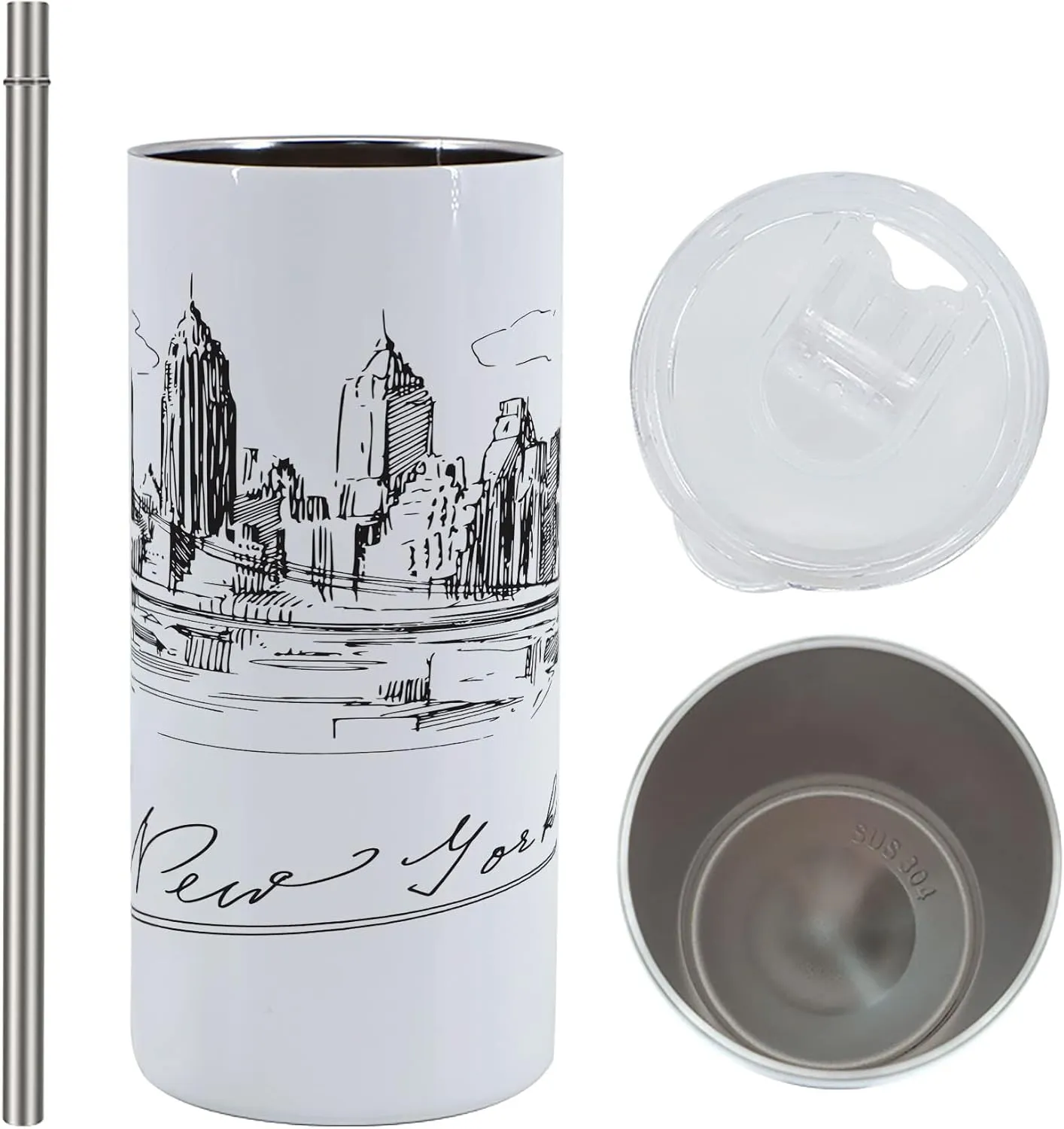 Lunarable NYC 12 Oz Skinny Tumbler, New York City Contemporary Business Metropolis Corporate Town Monochromic Sketch, Vacuum Insulated Travel Canteen Cup Leakproof for Travel Picnic, Black and White