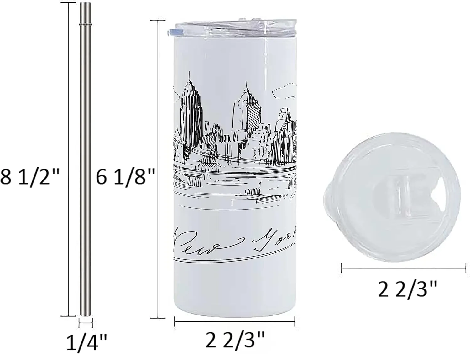Lunarable NYC 12 Oz Skinny Tumbler, New York City Contemporary Business Metropolis Corporate Town Monochromic Sketch, Vacuum Insulated Travel Canteen Cup Leakproof for Travel Picnic, Black and White