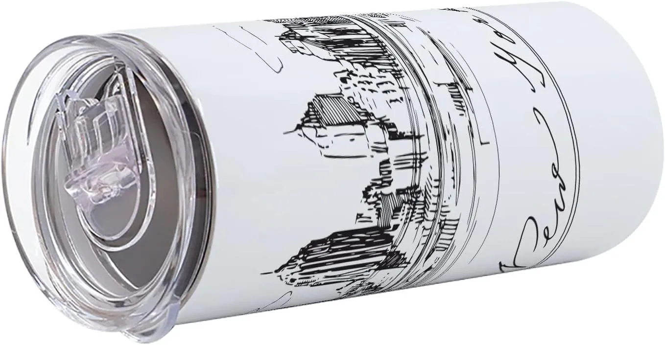 Lunarable NYC 12 Oz Skinny Tumbler, New York City Contemporary Business Metropolis Corporate Town Monochromic Sketch, Vacuum Insulated Travel Canteen Cup Leakproof for Travel Picnic, Black and White