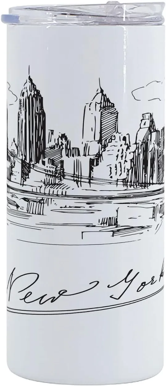Lunarable NYC 12 Oz Skinny Tumbler, New York City Contemporary Business Metropolis Corporate Town Monochromic Sketch, Vacuum Insulated Travel Canteen Cup Leakproof for Travel Picnic, Black and White