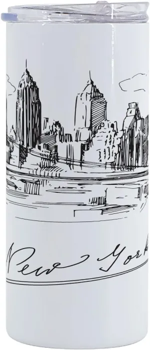 Lunarable NYC 12 Oz Skinny Tumbler, New York City Contemporary Business Metropolis Corporate Town Monochromic Sketch, Vacuum Insulated Travel Canteen Cup Leakproof for Travel Picnic, Black and White