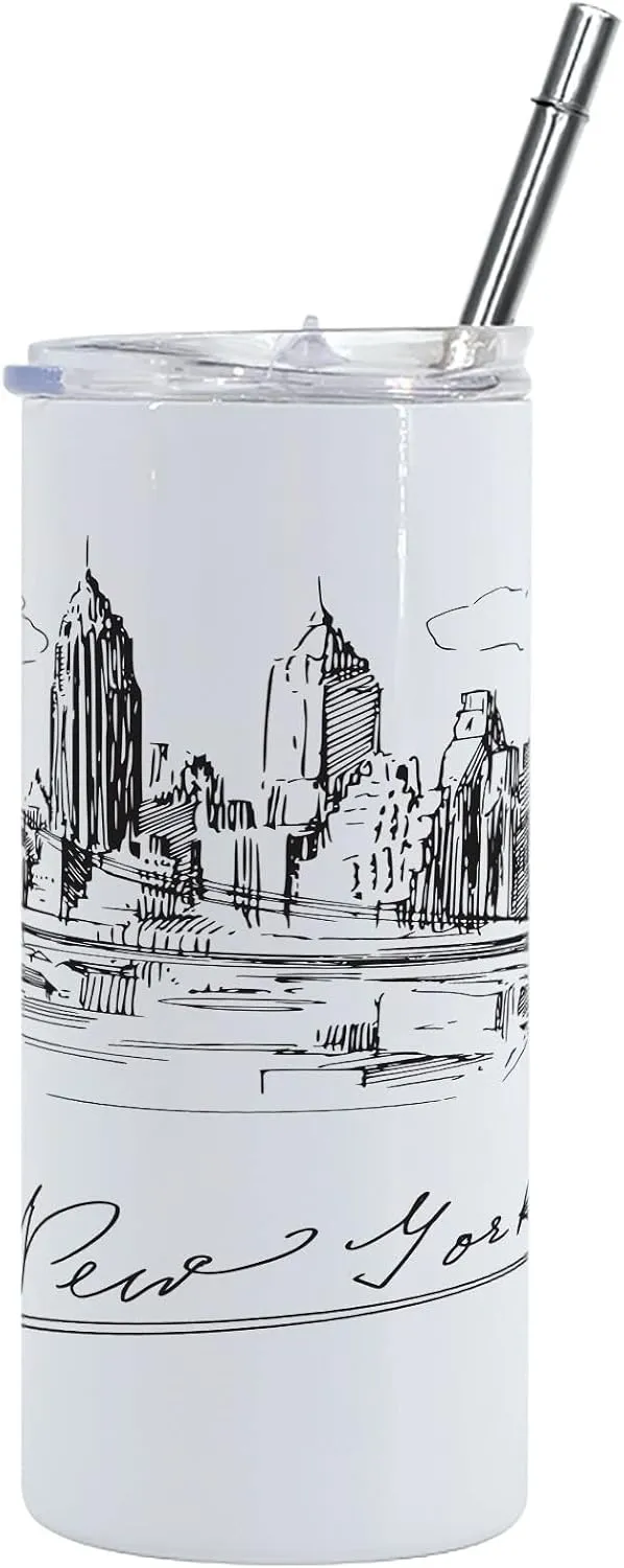 Lunarable NYC 12 Oz Skinny Tumbler, New York City Contemporary Business Metropolis Corporate Town Monochromic Sketch, Vacuum Insulated Travel Canteen Cup Leakproof for Travel Picnic, Black and White
