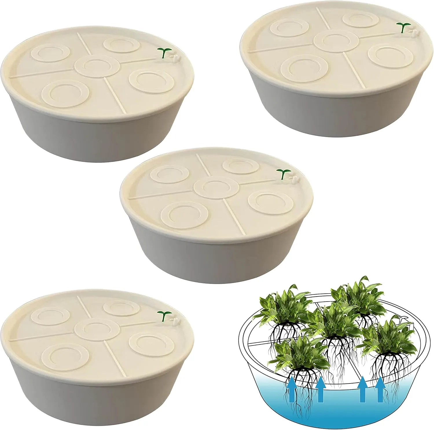 LYLEE Self Watering System for Potted Plants- 4 Pack White Round Automatic Water Suction with Humidity Sensor - Flower Pot Great for House,Office,Garden and Yard