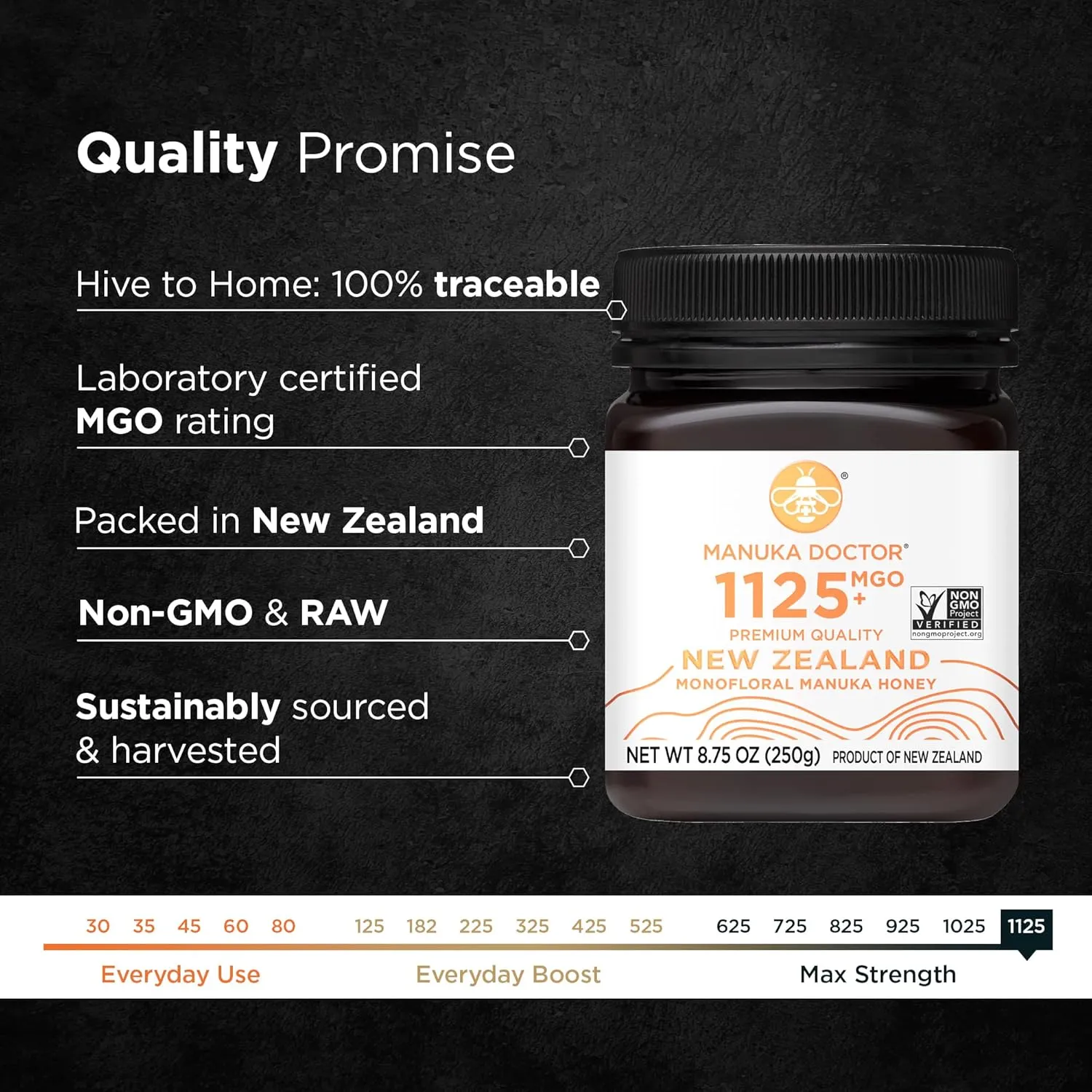 MANUKA DOCTOR - MGO 1125  Manuka Honey Monofloral, 100% Pure New Zealand Honey. Certified. Guaranteed. RAW. Non-GMO (8.75 oz)