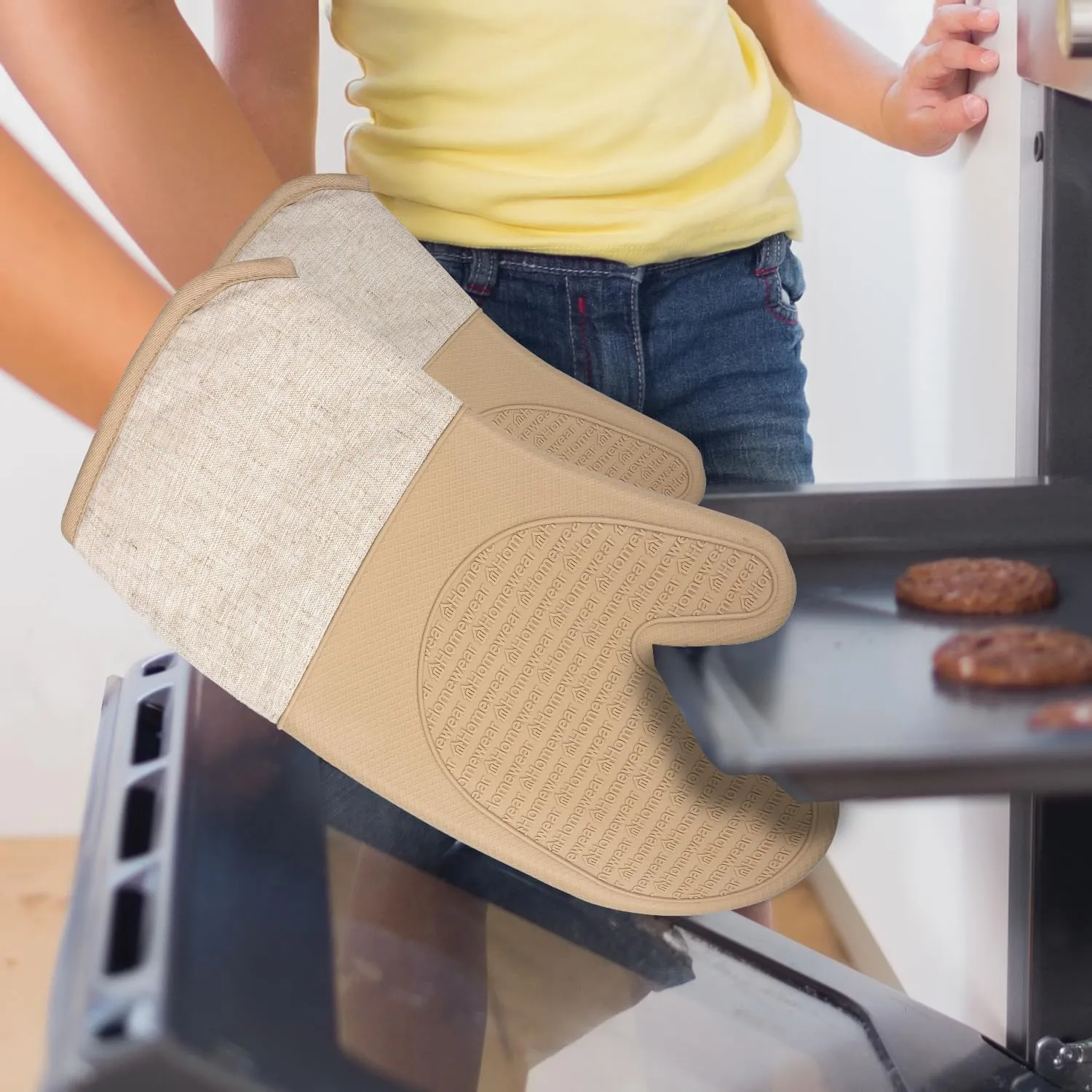 Marlow Silicone Extra Long Oven Mitt and Pot Holder 6 Piece Set with Mini Mitts, Heat and Slip Resistant, Recycled Cotton with Soft Lining, Thick Kitchen Gloves for Cooking and Baking, Tan