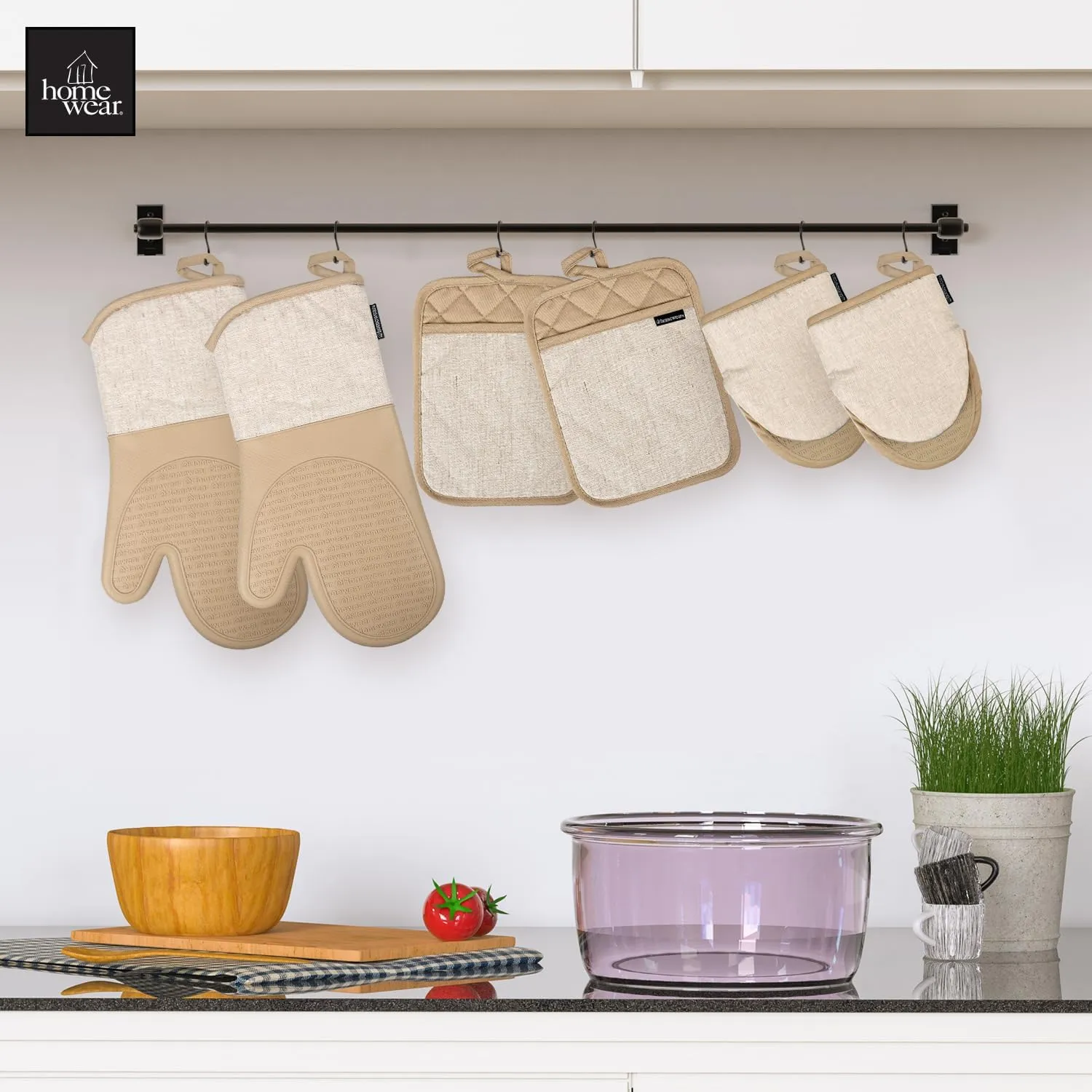 Marlow Silicone Extra Long Oven Mitt and Pot Holder 6 Piece Set with Mini Mitts, Heat and Slip Resistant, Recycled Cotton with Soft Lining, Thick Kitchen Gloves for Cooking and Baking, Tan