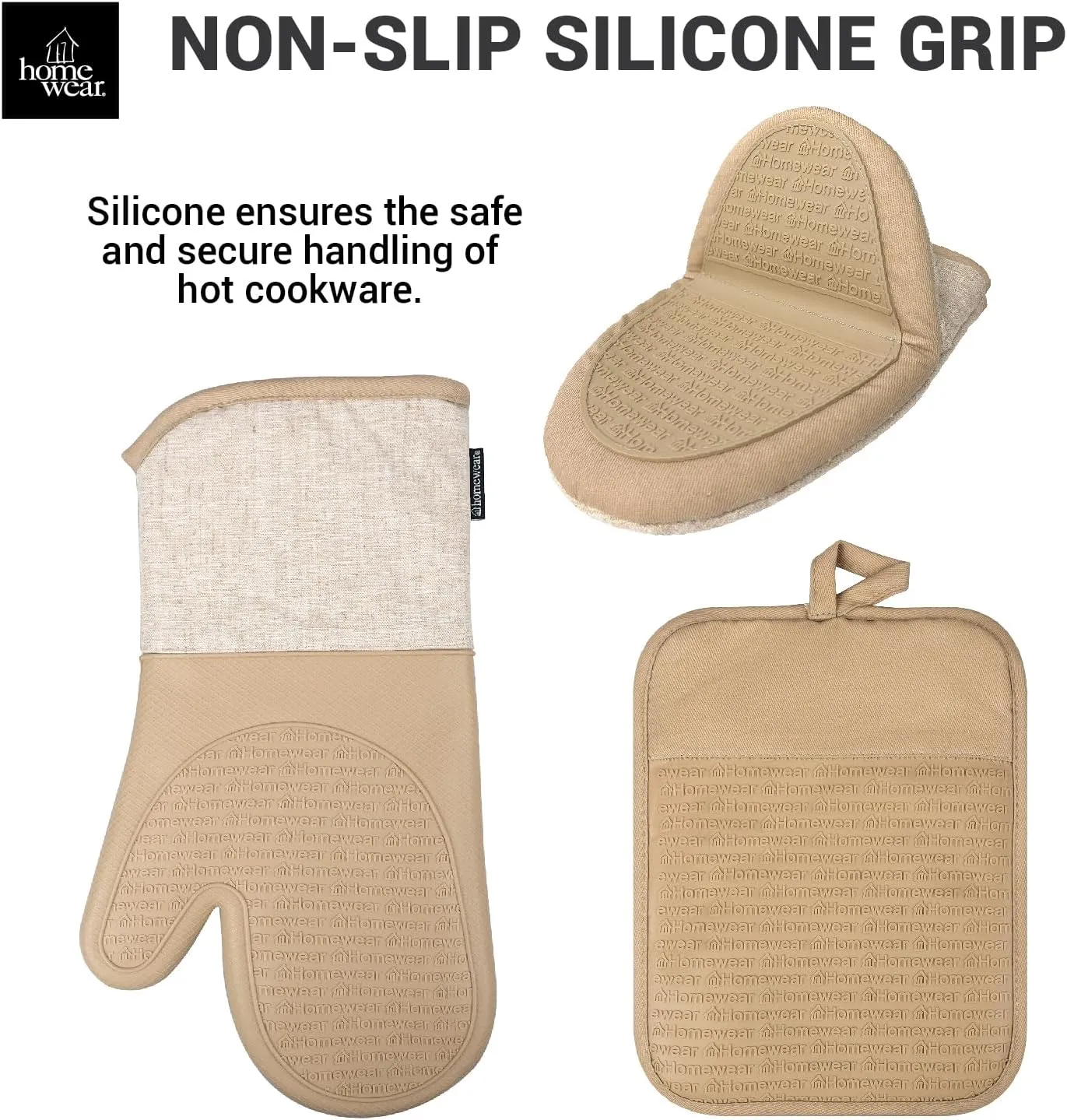 Marlow Silicone Extra Long Oven Mitt and Pot Holder 6 Piece Set with Mini Mitts, Heat and Slip Resistant, Recycled Cotton with Soft Lining, Thick Kitchen Gloves for Cooking and Baking, Tan