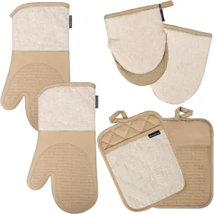 Marlow Silicone Extra Long Oven Mitt and Pot Holder 6 Piece Set with Mini Mitts, Heat and Slip Resistant, Recycled Cotton with Soft Lining, Thick Kitchen Gloves for Cooking and Baking, Tan