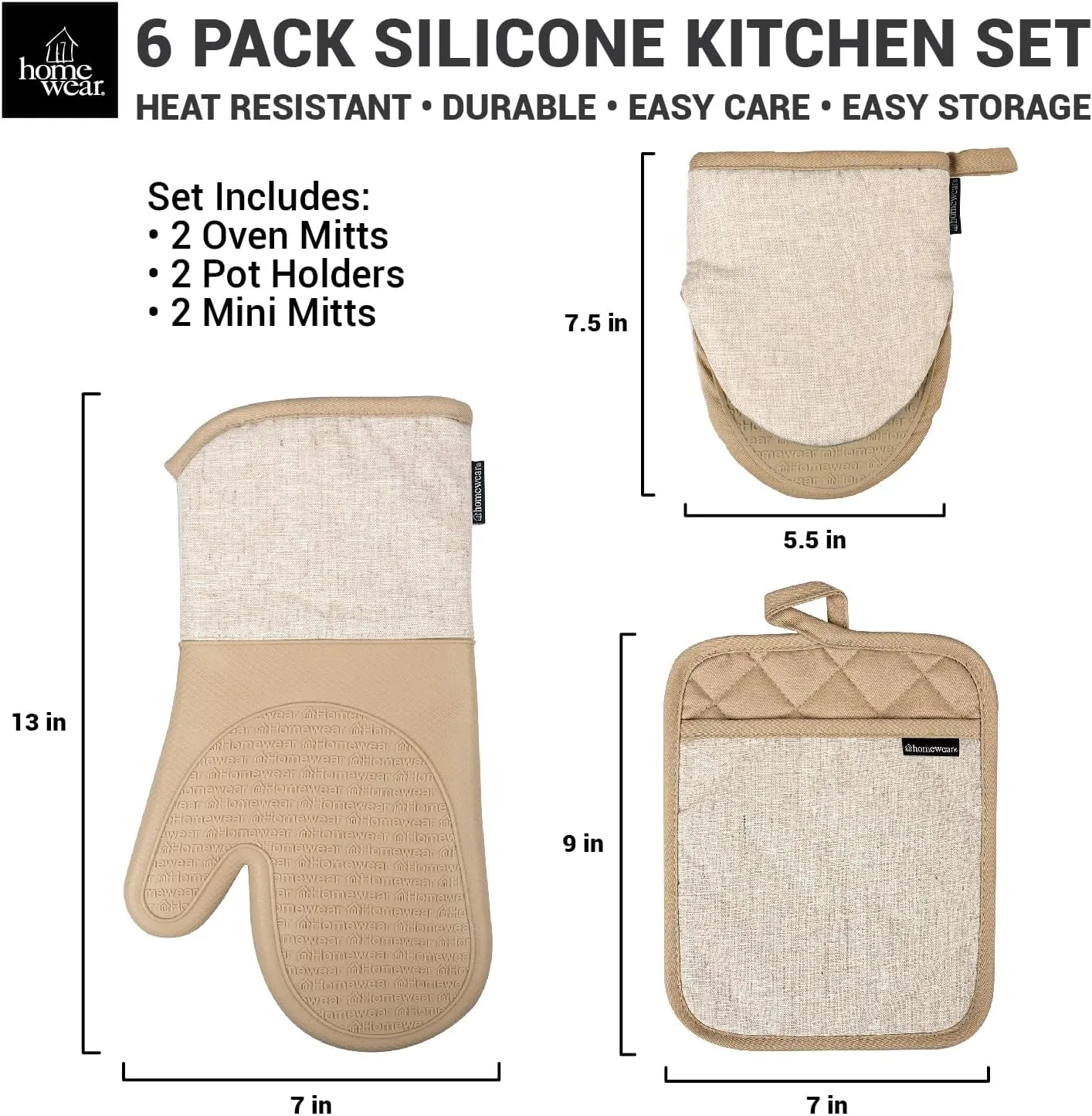 Marlow Silicone Extra Long Oven Mitt and Pot Holder 6 Piece Set with Mini Mitts, Heat and Slip Resistant, Recycled Cotton with Soft Lining, Thick Kitchen Gloves for Cooking and Baking, Tan