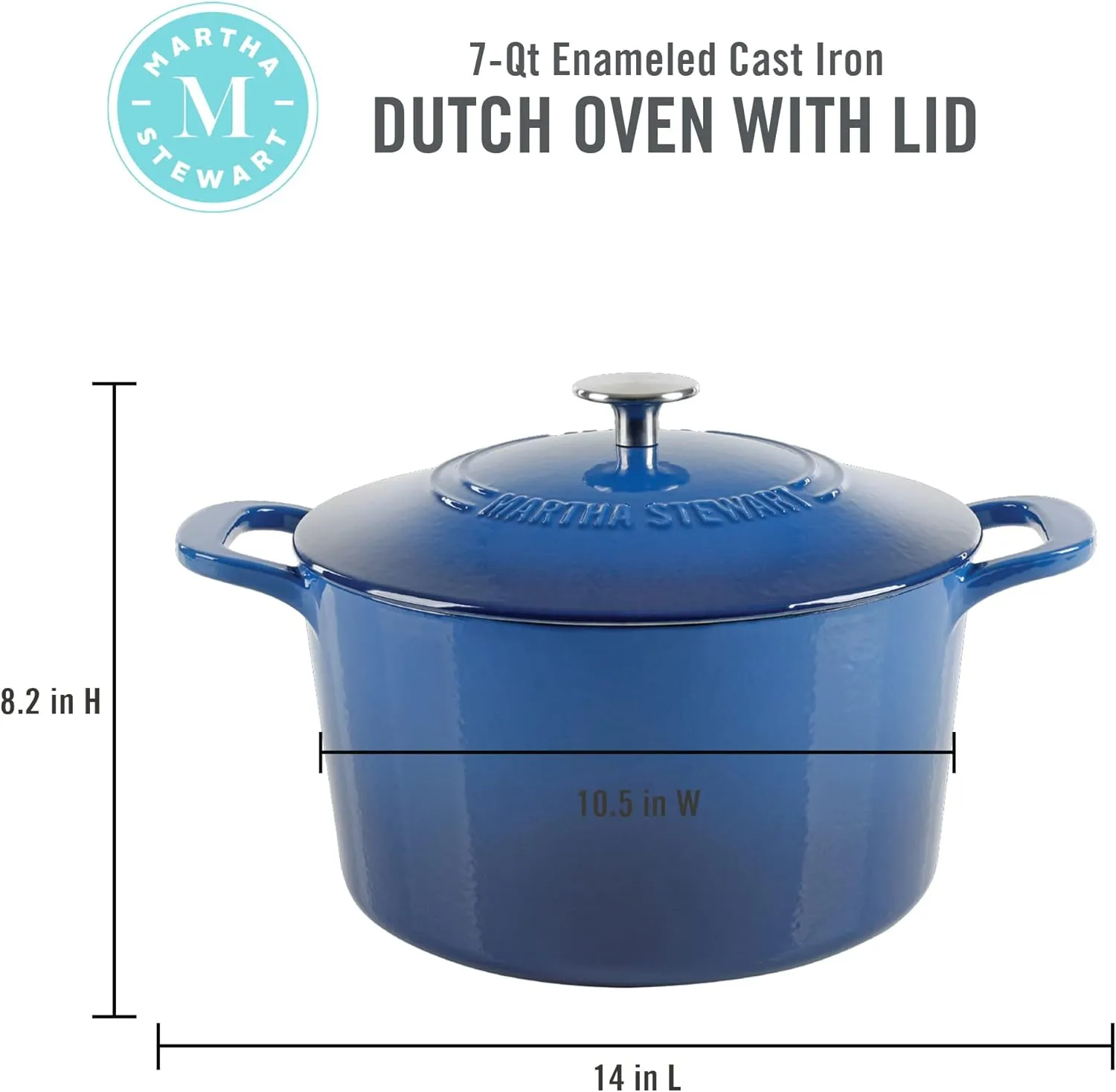 MARTHA STEWART Gatwick 7 QT Enamel Cast Iron Dutch Oven, Classic Blue